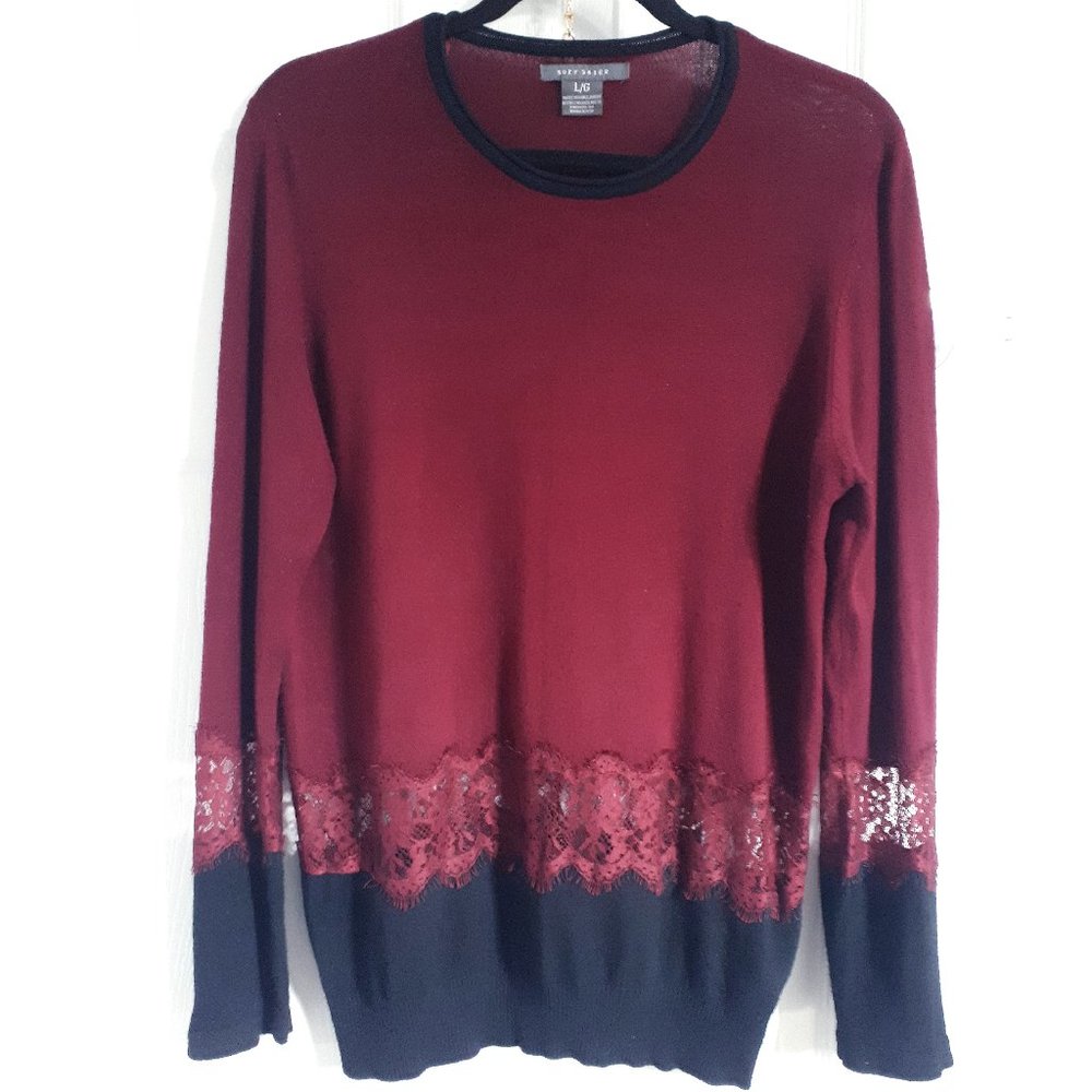 Suzy shier Burgundy and Black Lace Detail Sweater